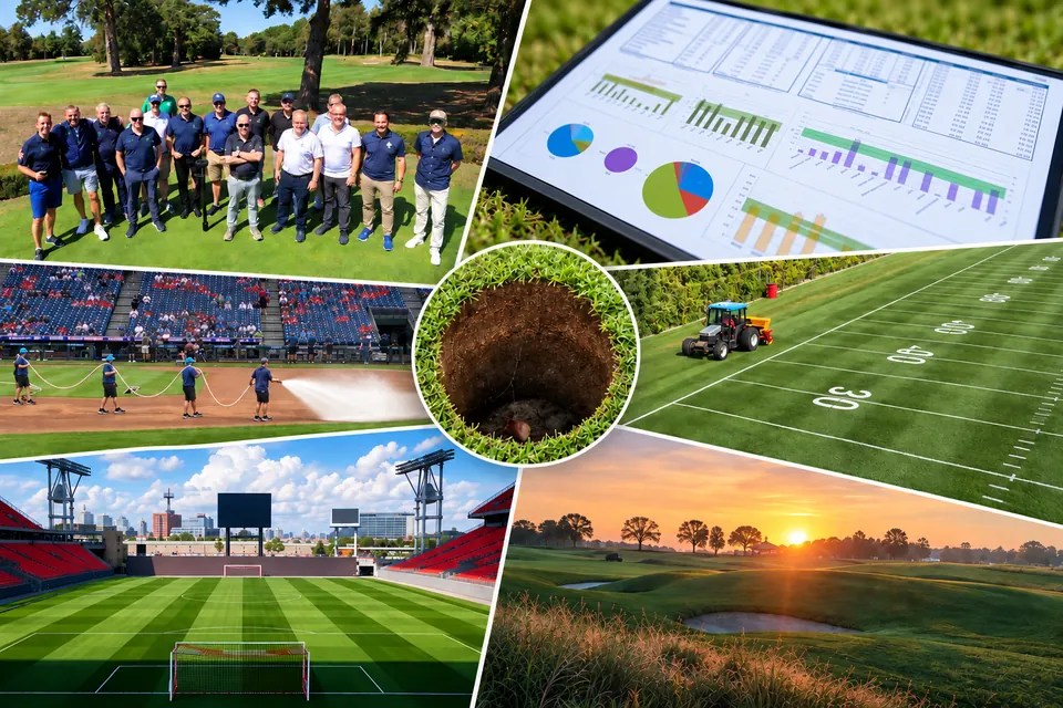 Seven turf management scenes: a management team on a course, an analytics dashboard on screen, a stadium crew washing an infield, a soil core lifted from a green, a tractor spreading across a marked football field, a floodlit soccer stadium and a golf hole at sunset