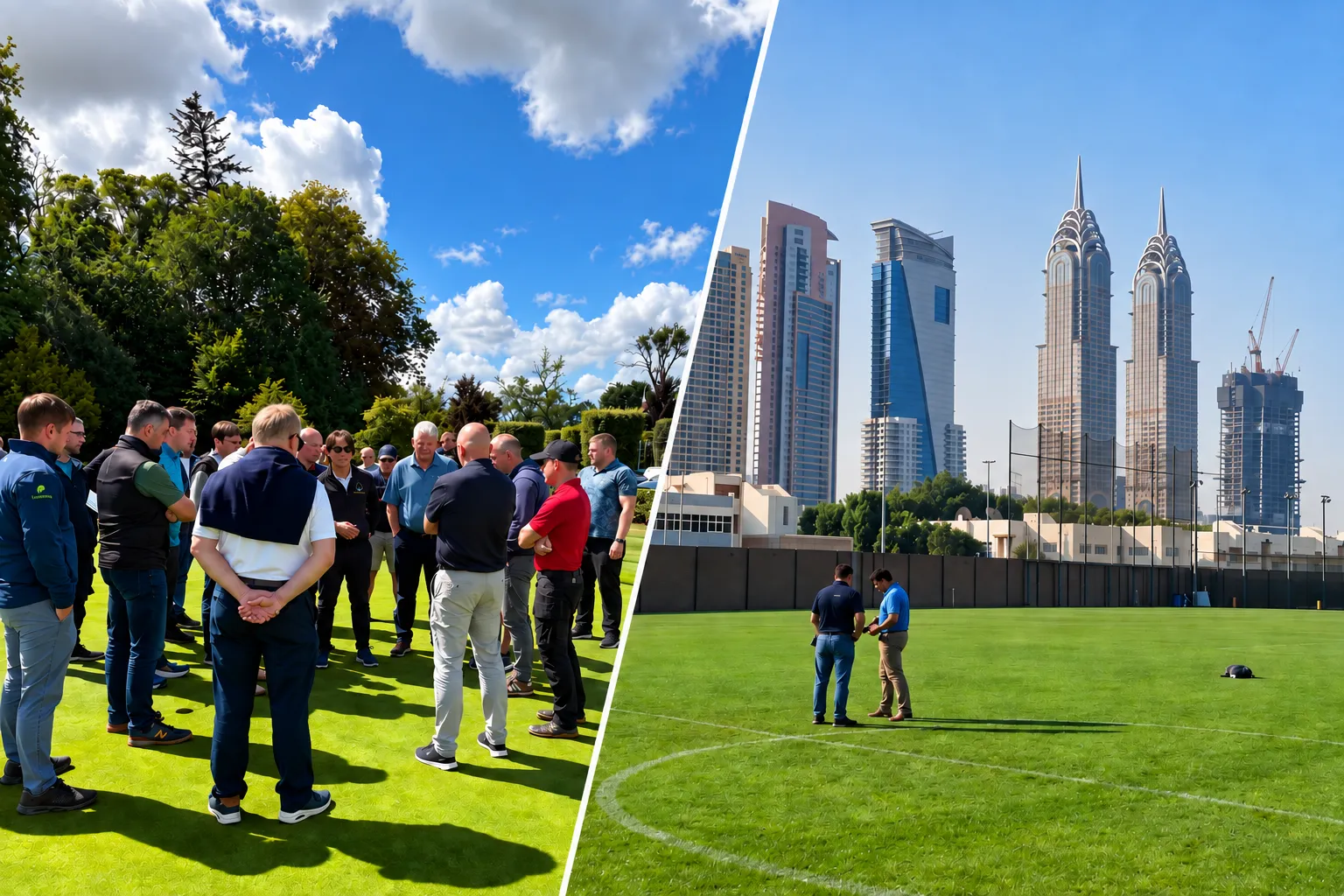 Two scenes side by side: a circle of turf managers talking on a putting green, and a consultant walking a football pitch with the field manager beneath a city skyline