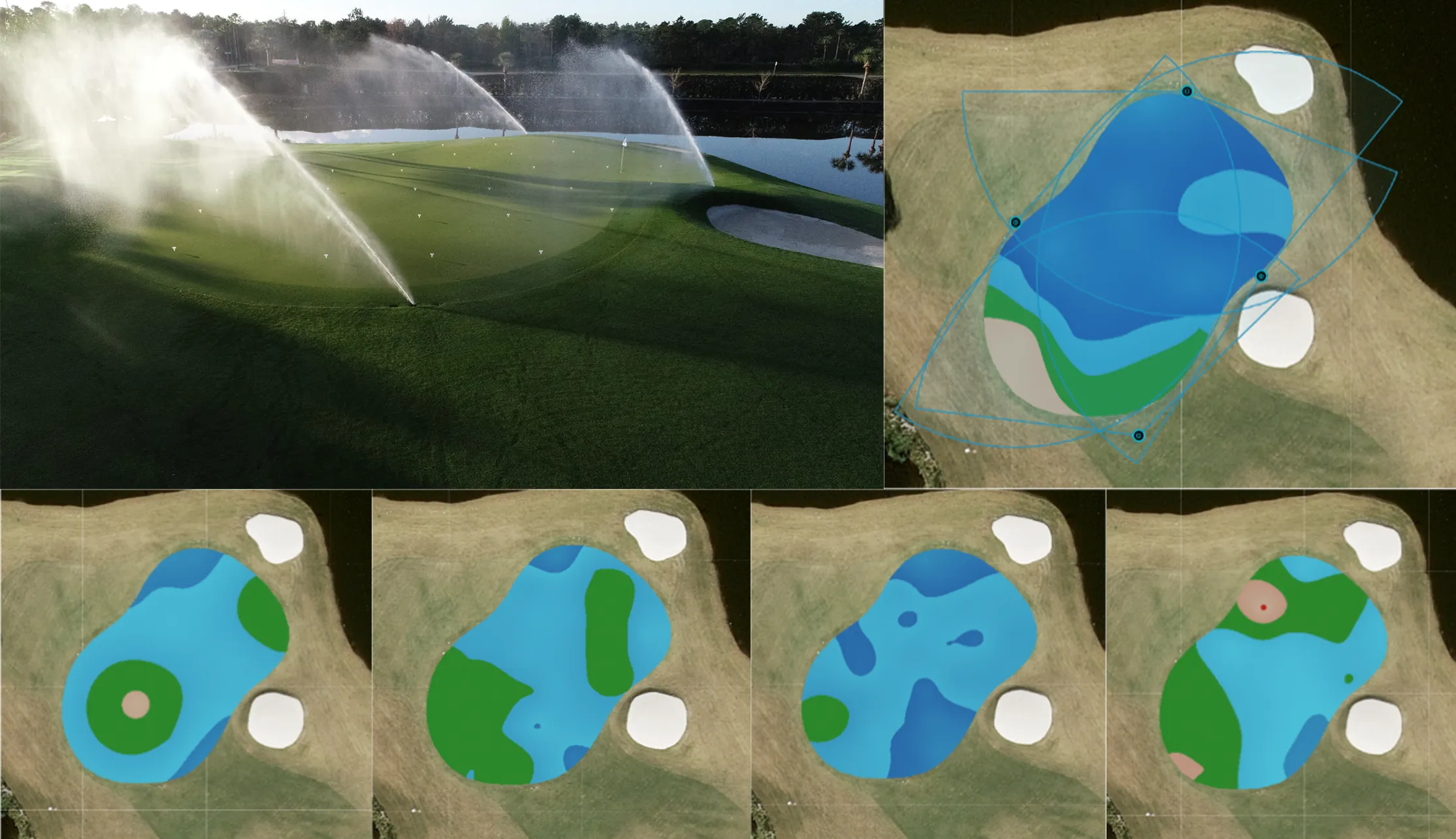 Five-panel figure: sprinklers running on a putting green dotted with catch cans; a kriged map of catch can distribution; and four kriged maps of in-turf moisture taken 12 hours before, moments before, moments after and 12 hours after irrigation