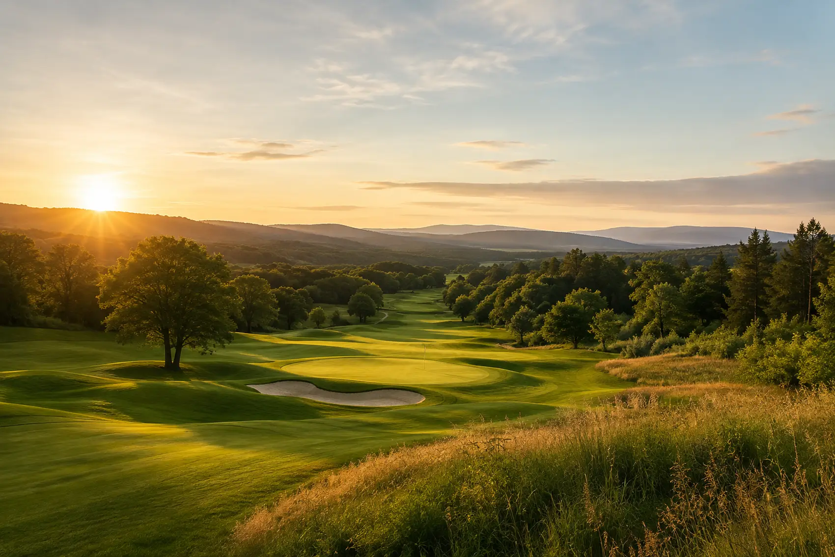 Sunrise over a rolling golf hole, mown fairway curving between mature trees