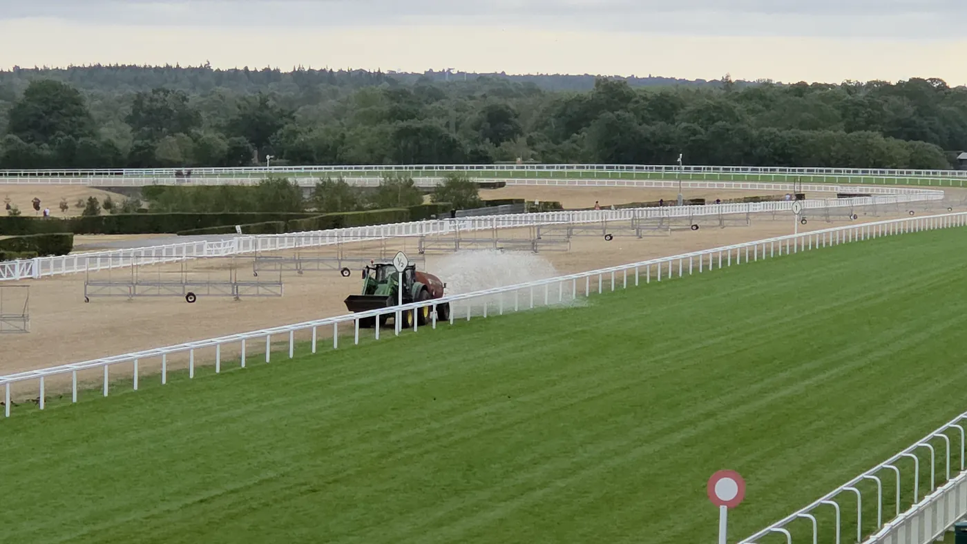 A turf racecourse straight with running rail, viewed along its length on a clear day