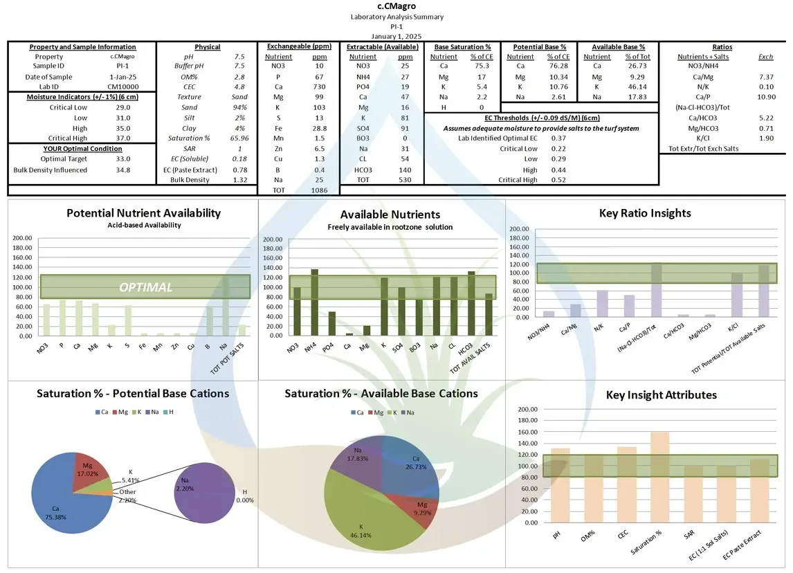 A PURE Insight Turf-Soil Analysis report: sample and property details, physical and nutrient tables, and charts of potential and available nutrients, base cation saturation and key ratios