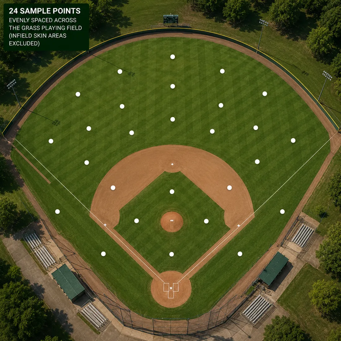 Sampling array diagram for a baseball field: sample points across the infield, base paths and outfield