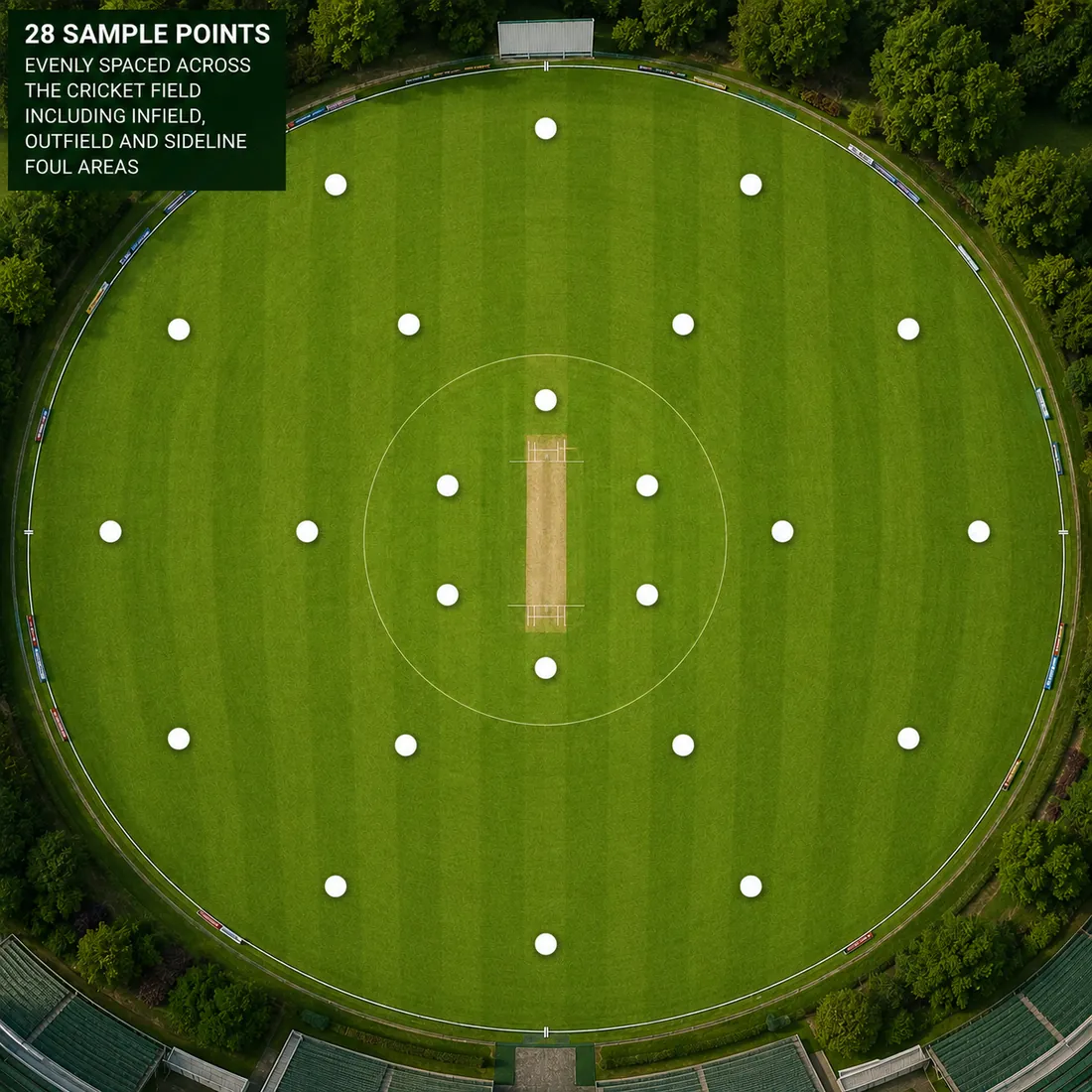 Sampling array diagram for a cricket ground, showing sample points on the square and outfield
