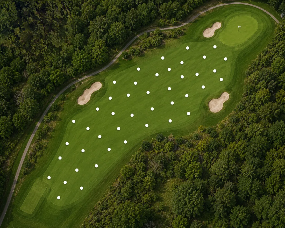 Sampling array diagram for a golf fairway: sample points distributed in a staggered grid along the length of the playing corridor
