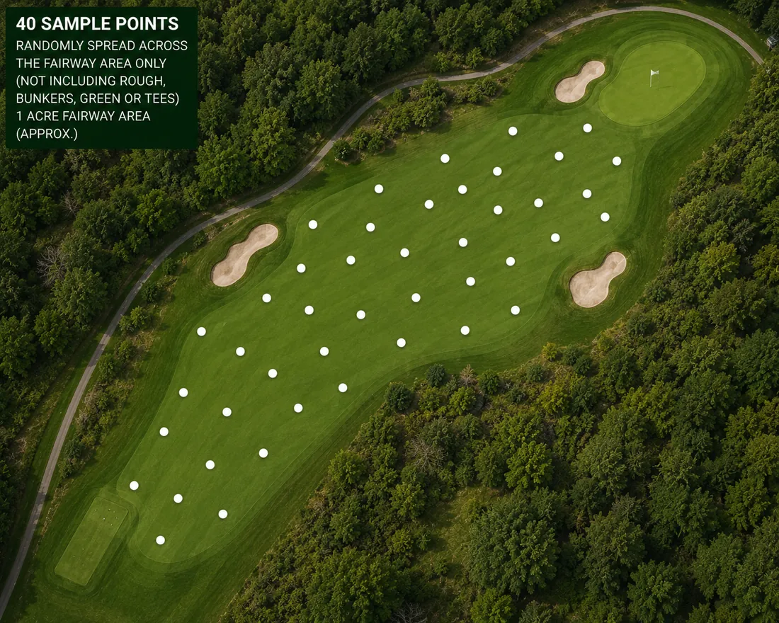 Sampling array diagram for a golf fairway, showing a distributed grid of sample points along the playing corridor
