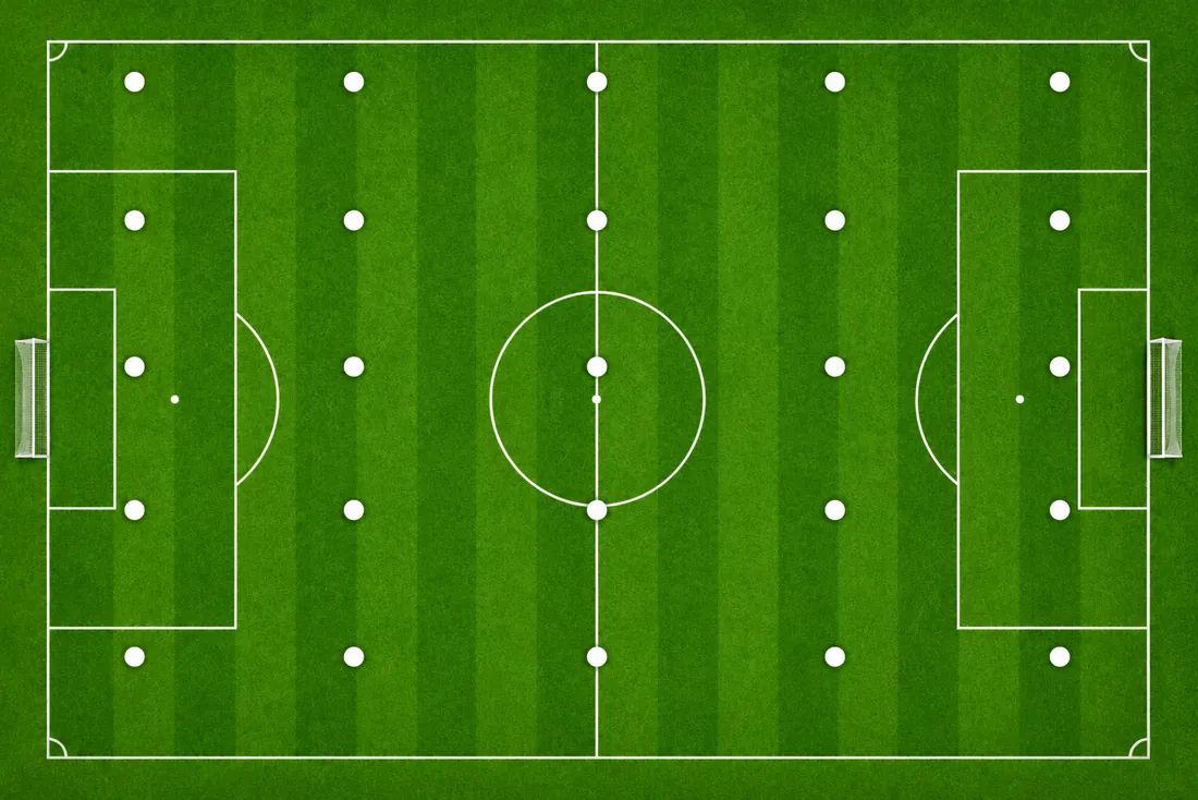 Sampling array diagram for a football pitch, showing sample points distributed across the playing surface