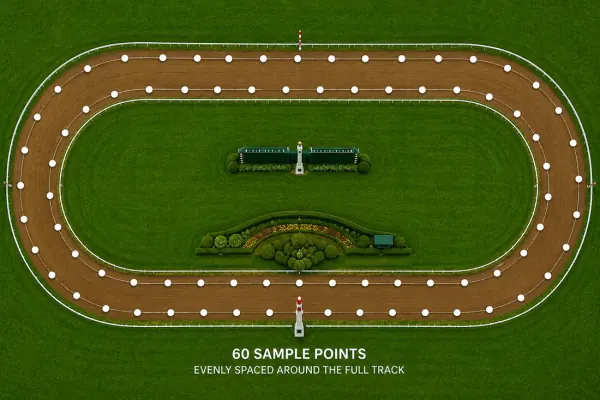 Two-by-two grid sampling array diagram for a horse racing track, sample points in paired rows across the running surface