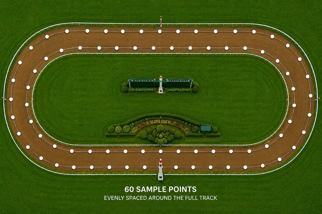 Two-by-two grid sampling array diagram for a horse racing track, sample points in paired rows across the running surface