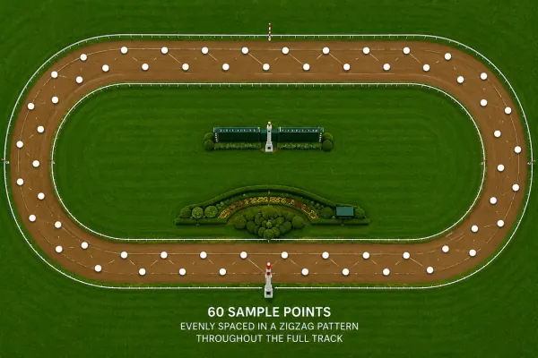 Zig-zag sampling array diagram for a horse racing track, sample points alternating between inside and outside rail along the running surface