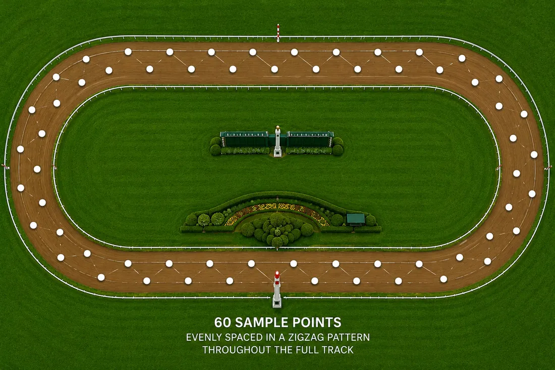 Zig-zag sampling array diagram for a horse racing track, showing sample points staggered across the running surface