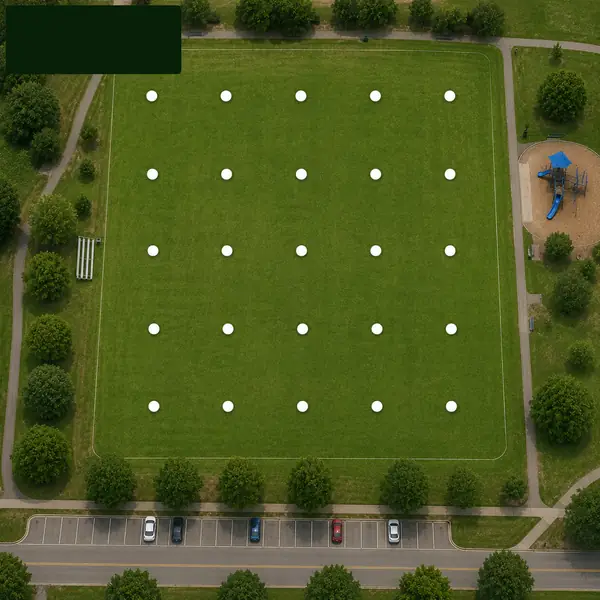Sampling array diagram for a recreational or municipal sports area: sample points evenly spaced across the entire area at a rate of about 25 samples per acre