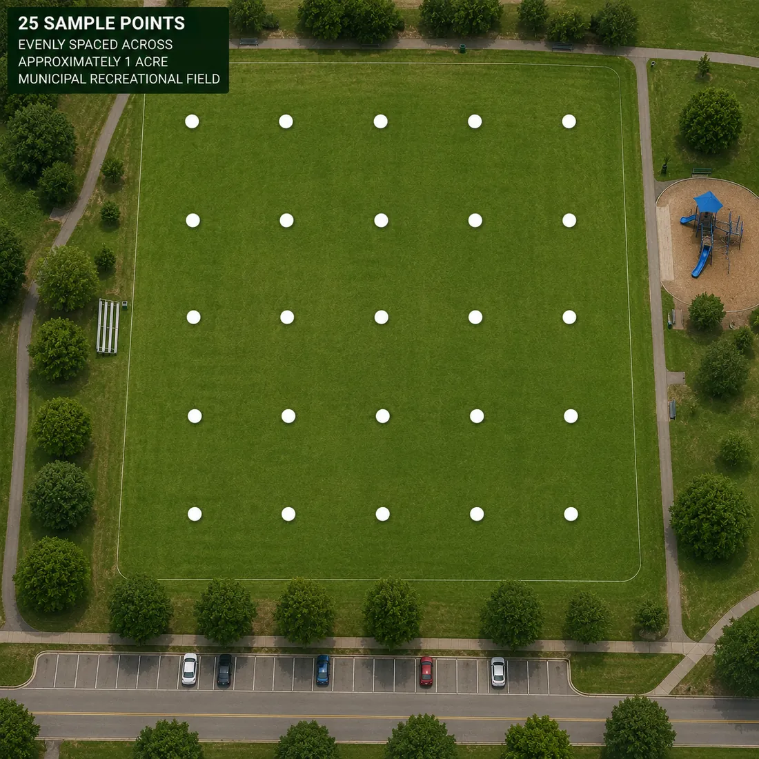 Sampling array diagram for a recreational or municipal sports area, sample points distributed across an irregular multi-use ground