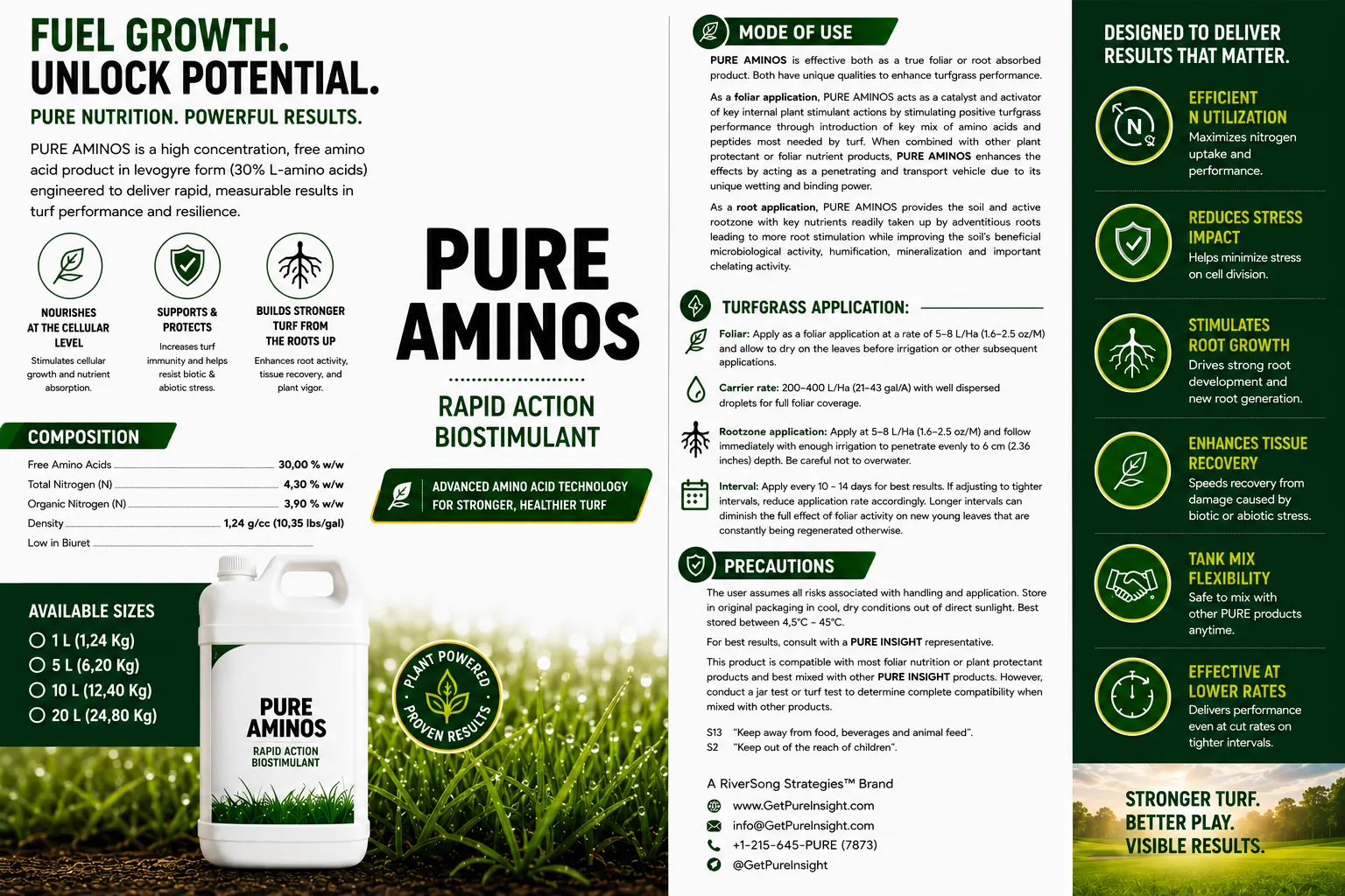 The full PURE Aminos product information sheet, showing characteristics, composition, mode of use, turfgrass application rates, precautions and the benefit column