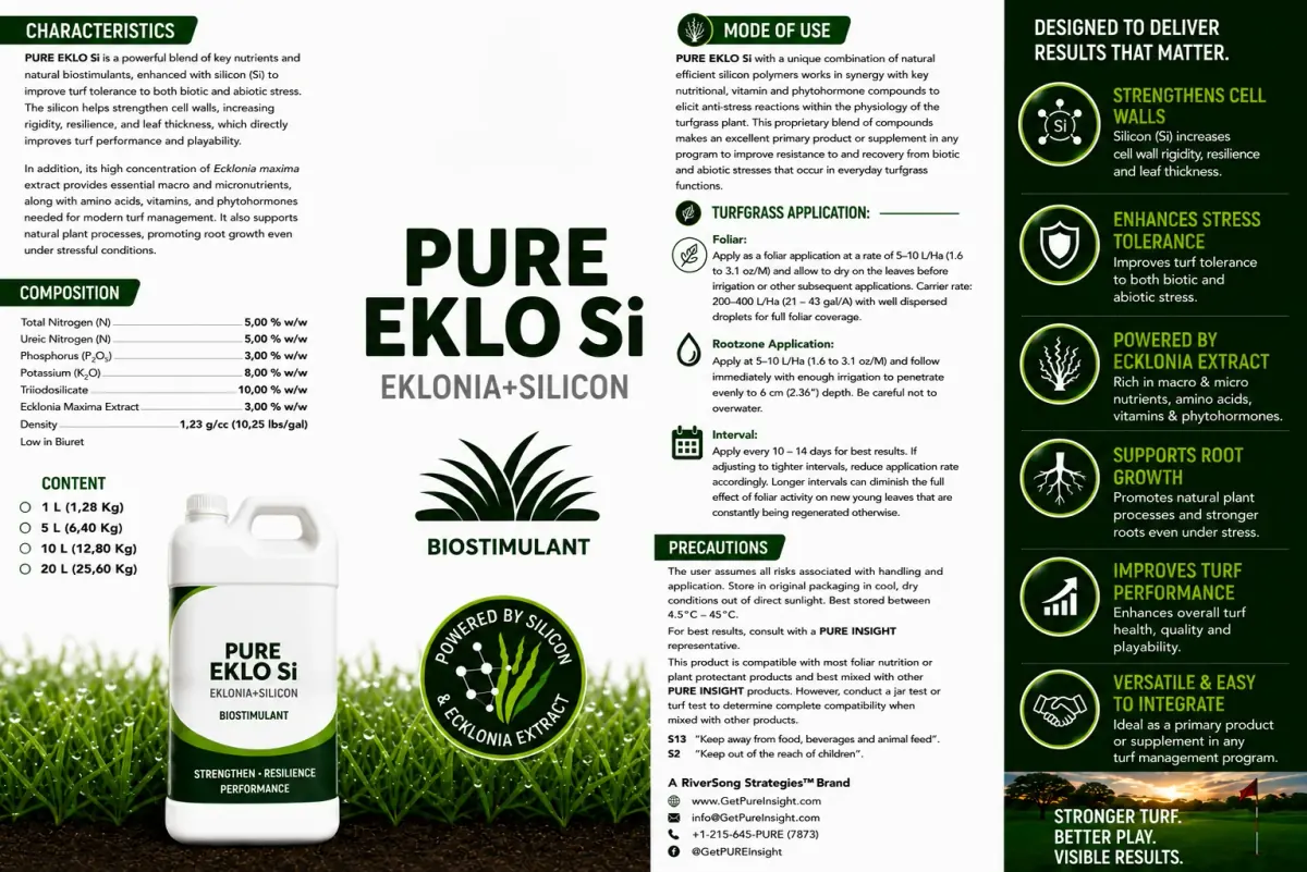 The full PURE Eklo Si product information sheet, showing characteristics, composition, mode of use, turfgrass application rates, precautions and the benefit column