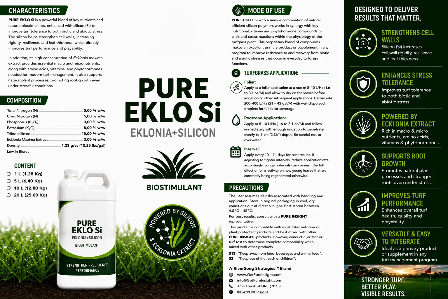 The full PURE Eklo Si product information sheet, showing characteristics, composition, mode of use, turfgrass application rates, precautions and the benefit column