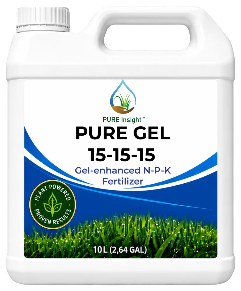 A 10 L jug of PURE Gel 15-15-15, its label reading Gel-enhanced N-P-K Fertilizer