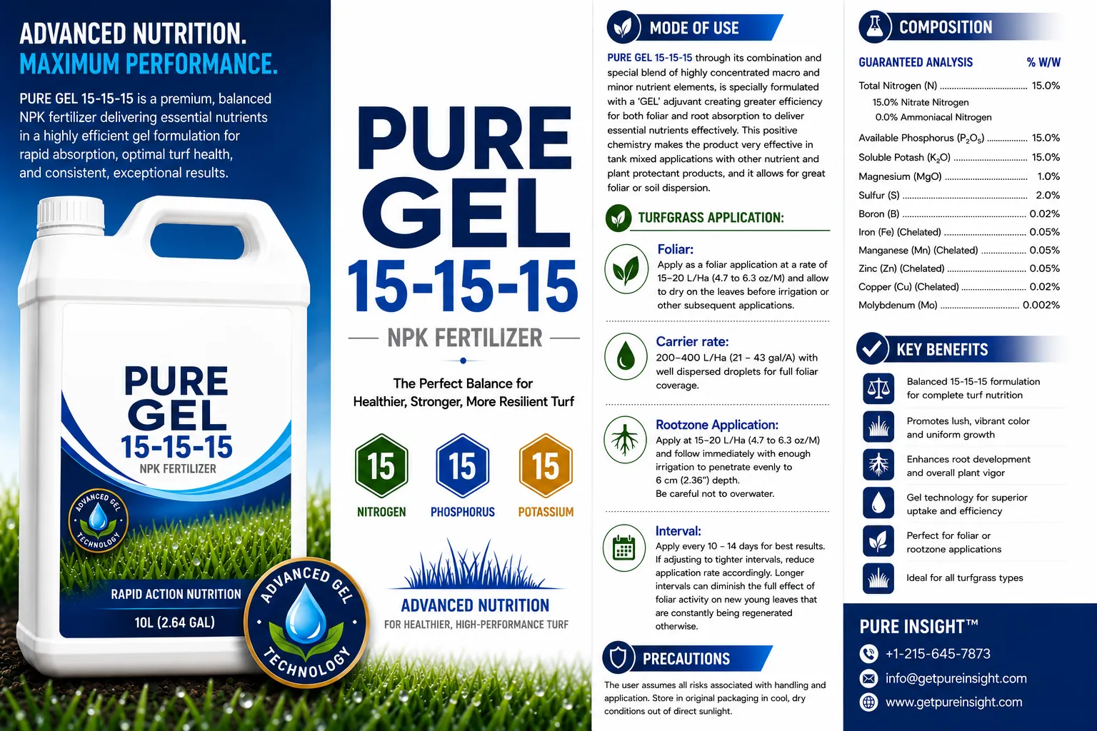 The full PURE Gel 15-15-15 product information sheet, showing characteristics, composition, mode of use, turfgrass application rates, precautions and the benefit column