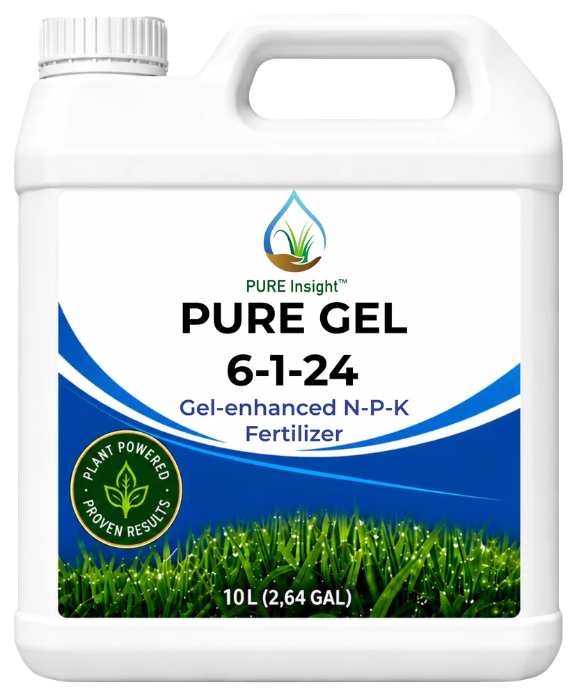 A 10 L jug of PURE Gel 6-1-24, its label reading Gel-enhanced N-P-K Fertilizer