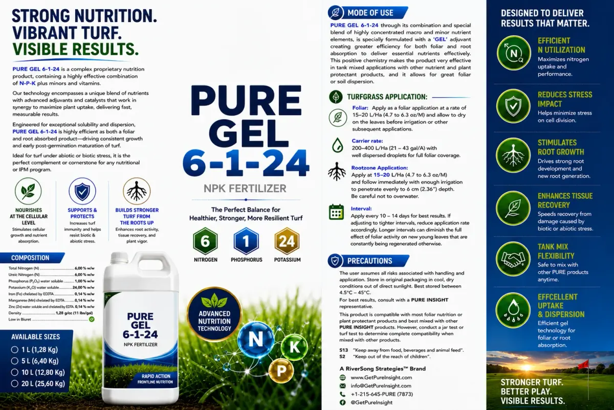 The full PURE Gel 6-1-24 product information sheet, showing characteristics, composition, mode of use, turfgrass application rates, precautions and the benefit column