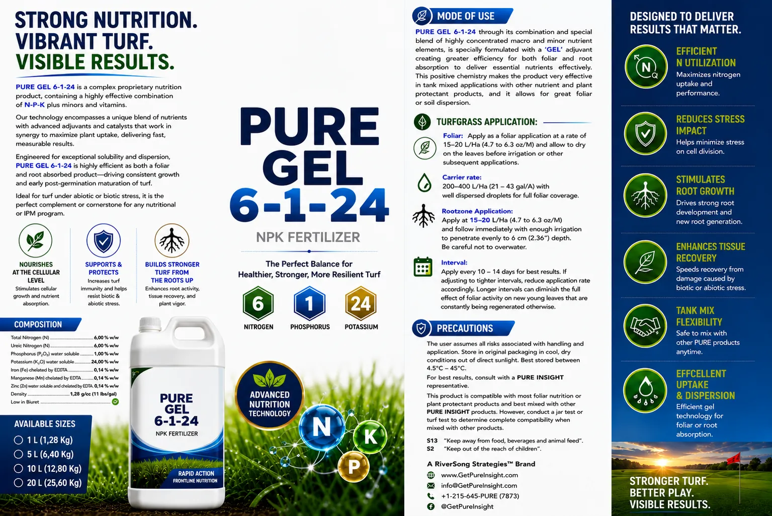 The full PURE Gel 6-1-24 product information sheet, showing characteristics, composition, mode of use, turfgrass application rates, precautions and the benefit column
