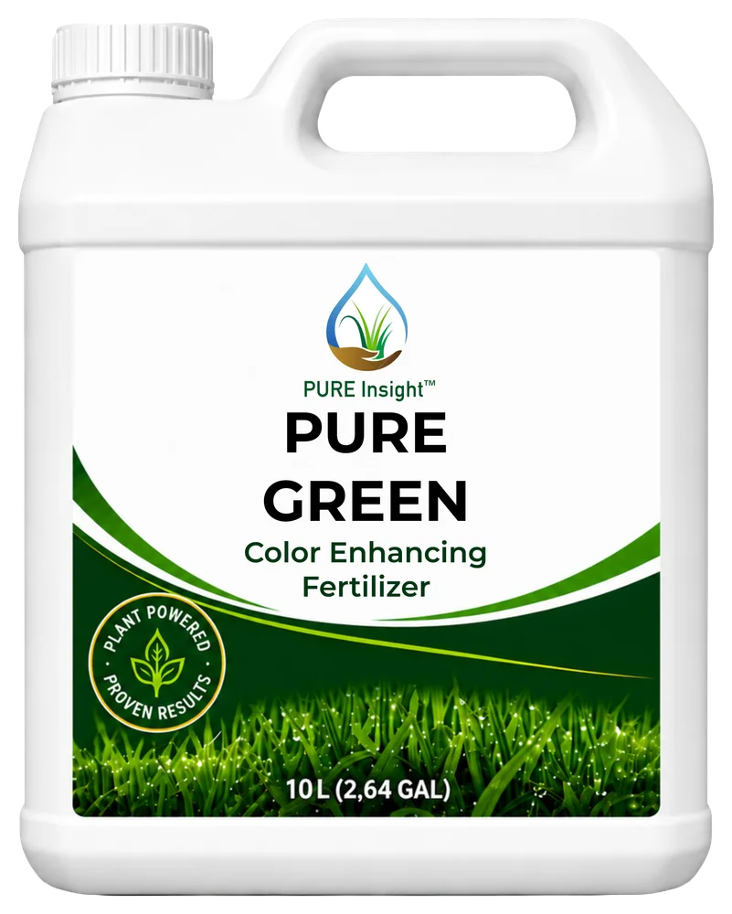 A 10 L jug of PURE Green, its label reading Color Enhancing Fertilizer