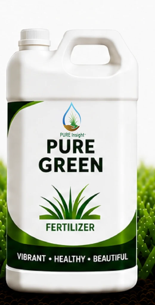 A PURE Green container standing on turf, its label showing the PURE Insight droplet mark