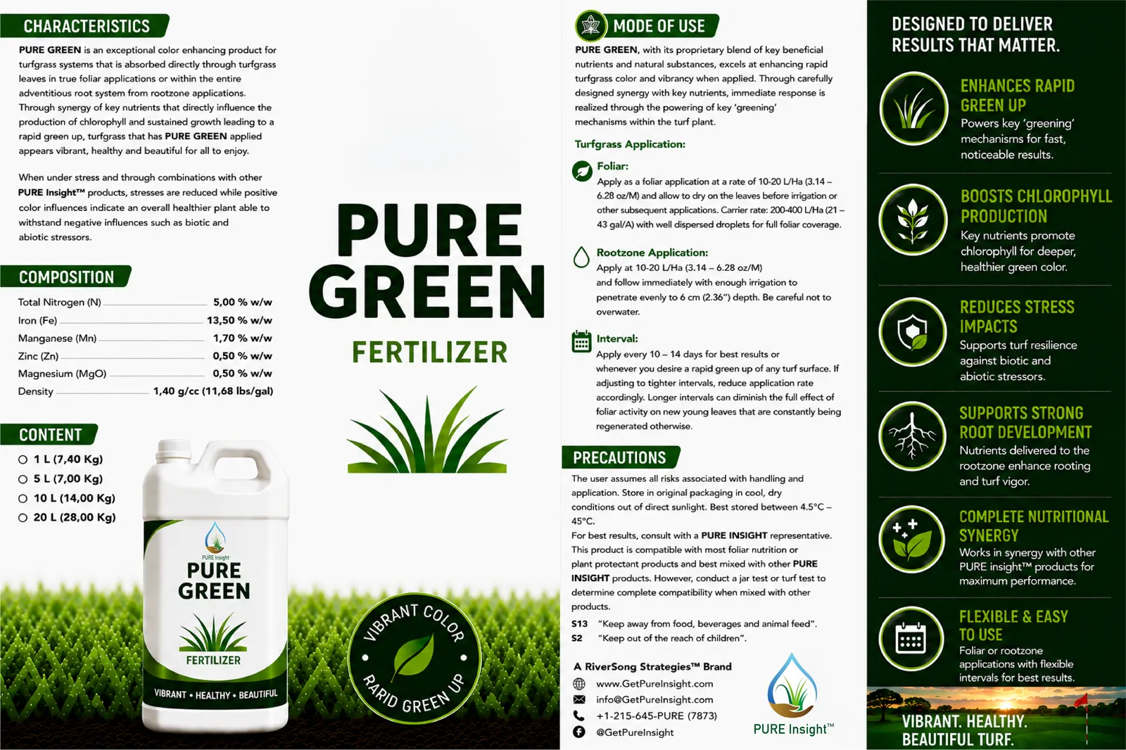 The full PURE Green product information sheet, showing characteristics, composition, mode of use, turfgrass application rates, precautions and the benefit column