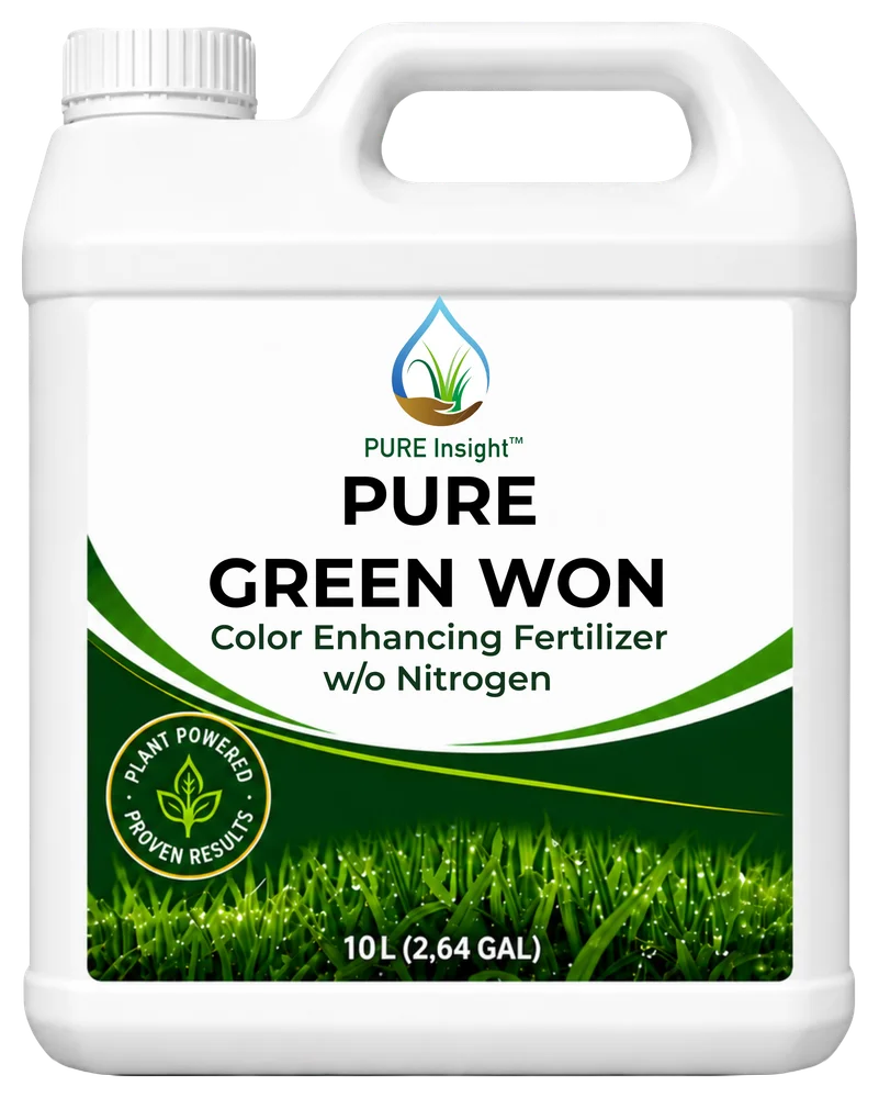 A 10 L jug of PURE Green WON, its label reading Color Enhancing Fertilizer w/o Nitrogen