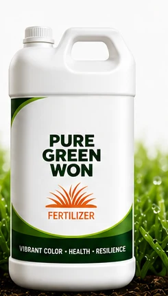 A PURE Green WON container standing on turf, its label showing the PURE Insight droplet mark