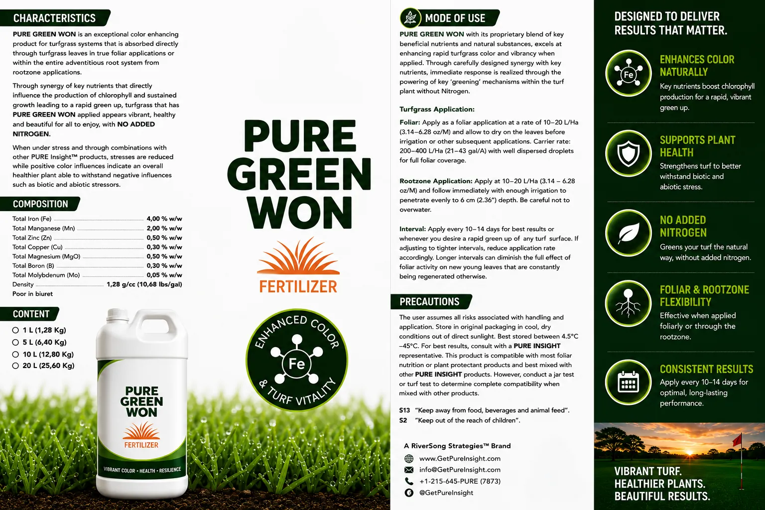 The full PURE Green WON product information sheet, showing characteristics, composition, mode of use, turfgrass application rates, precautions and the benefit column