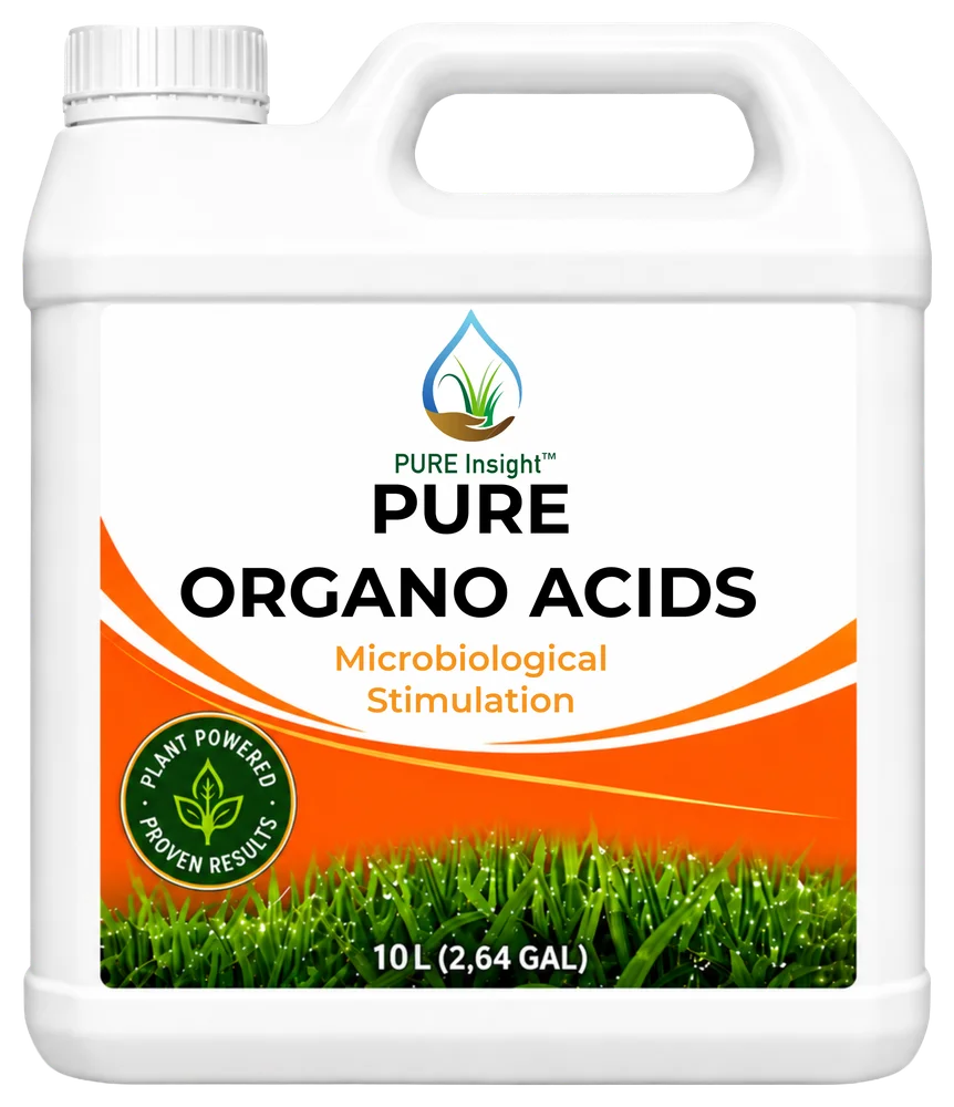 A 10 L jug of PURE Organo Acids, its label reading Microbiological Stimulation