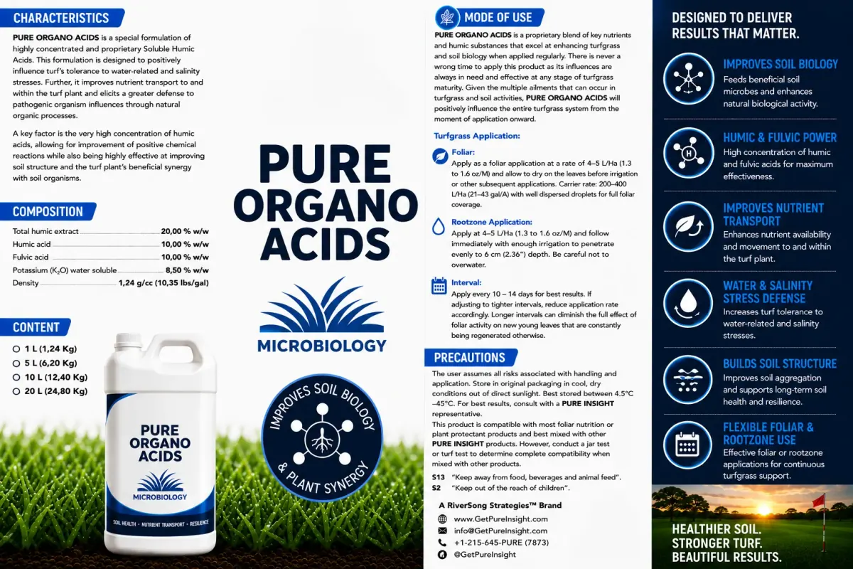 The full PURE Organo Acids product information sheet, showing characteristics, composition, mode of use, turfgrass application rates, precautions and the benefit column