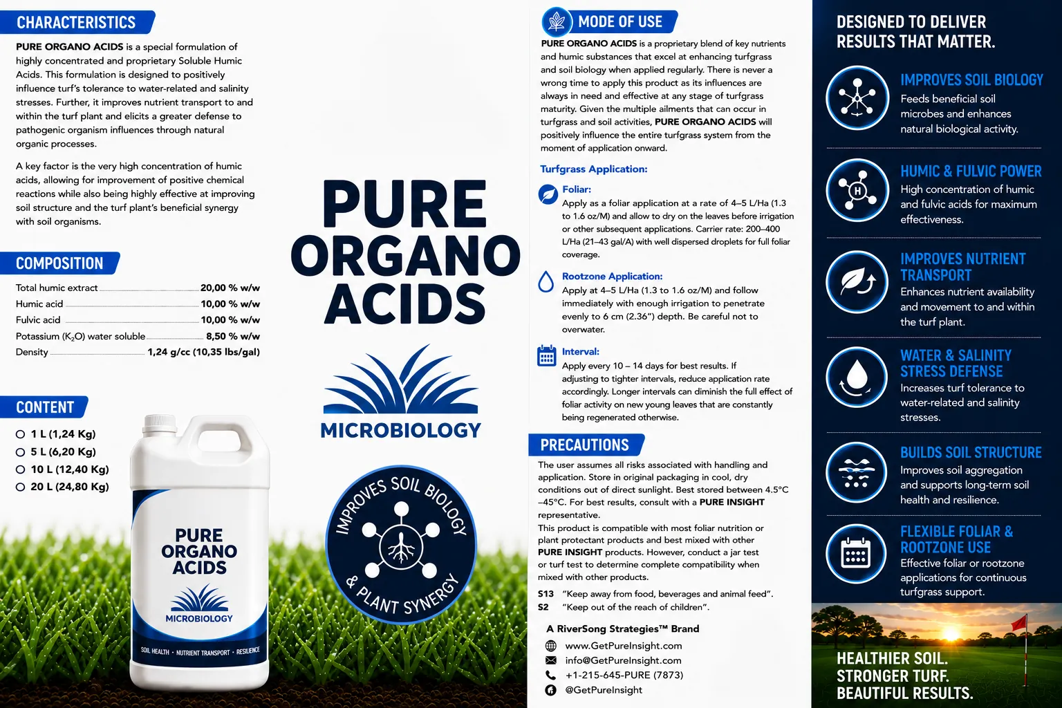 The full PURE Organo Acids product information sheet, showing characteristics, composition, mode of use, turfgrass application rates, precautions and the benefit column