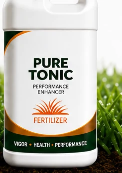 A PURE Tonic container standing on turf, its label showing the PURE Insight droplet mark