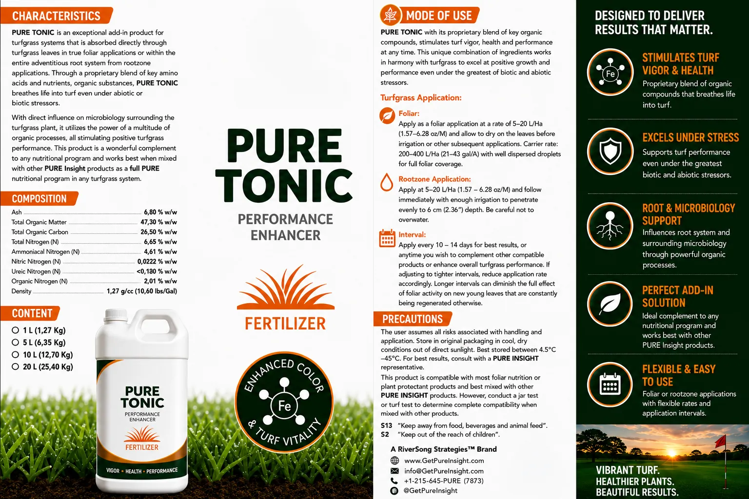 The full PURE Tonic product information sheet, showing characteristics, composition, mode of use, turfgrass application rates, precautions and the benefit column