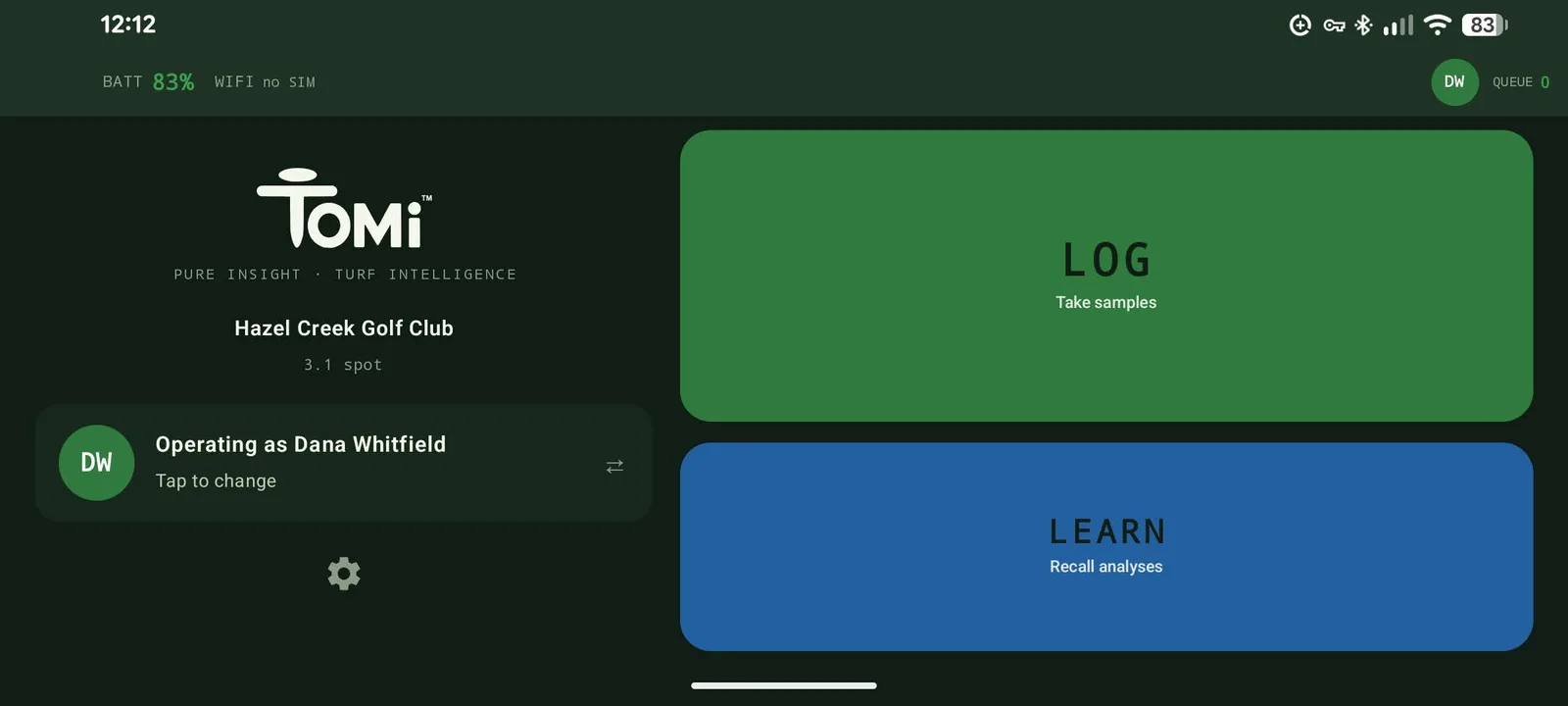 The home screen: the TOMi wordmark above the property name Hazel Creek Golf Club and the area 3.1 spot, a bar showing who the operator is, and two large tiles reading LOG, take samples, and LEARN, recall analyses