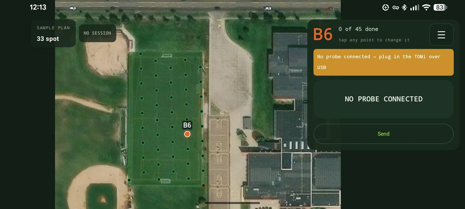 The logging screen: an aerial view of a rectangular sports field with the sampling plan&rsquo;s points laid across the turf, the current point B6 marked in orange, a progress count of points done, and a session panel reporting that no probe is connected