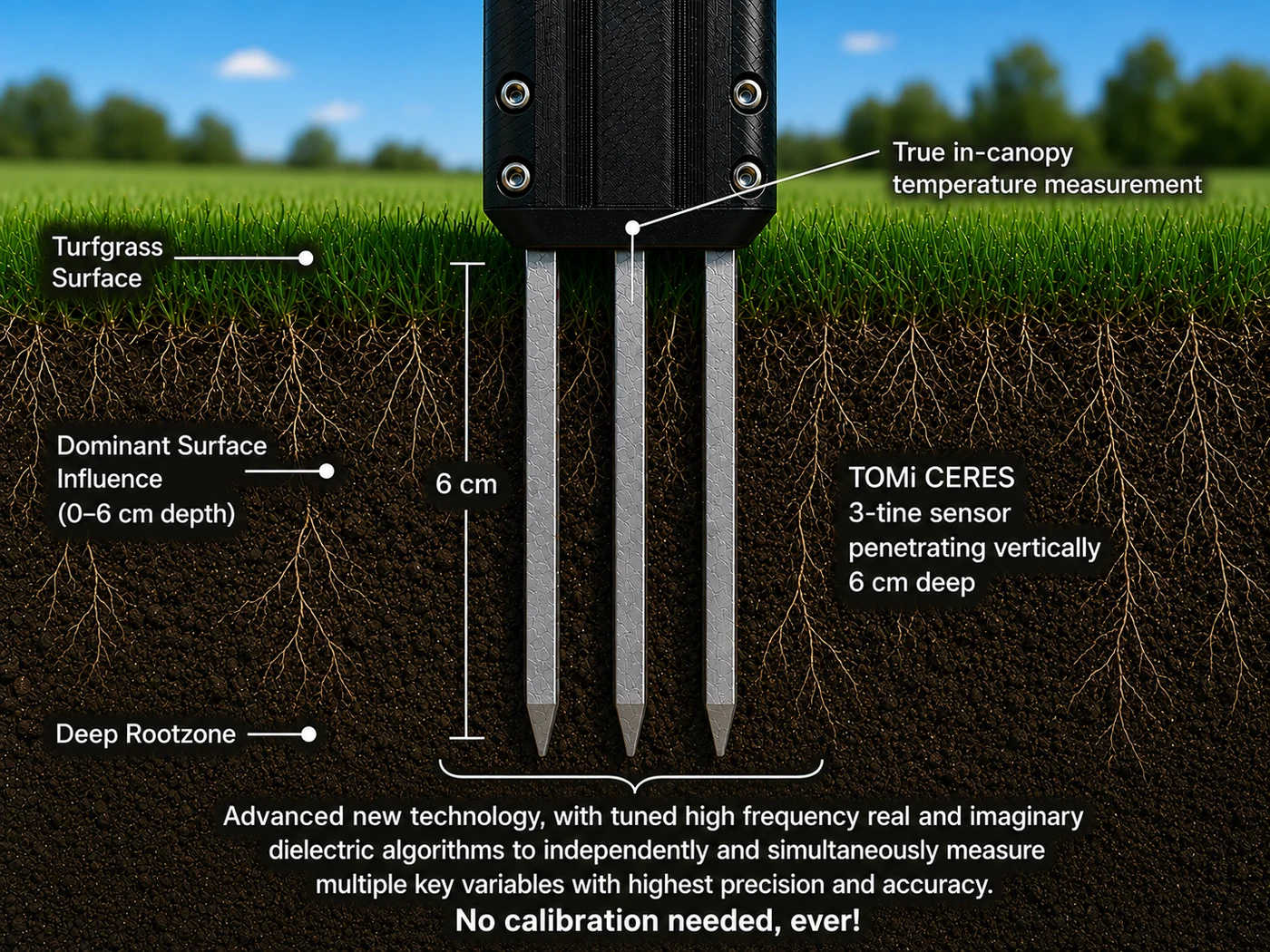 Labeled cross-section of a turfgrass rootzone showing the turf surface, the 0 to 6 centimeter zone of dominant surface influence, the three Ceres sensor tines inserted through that zone, and the deep rootzone below, each marked with text labels and leader lines