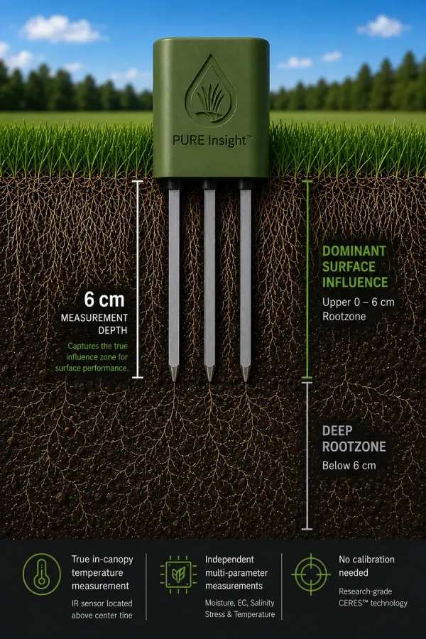 Cross-section illustration of a dense, deep-rooted turf profile with the Ceres sensor inserted to 6 cm, marking the dominant surface influence zone above and the deep rootzone below
