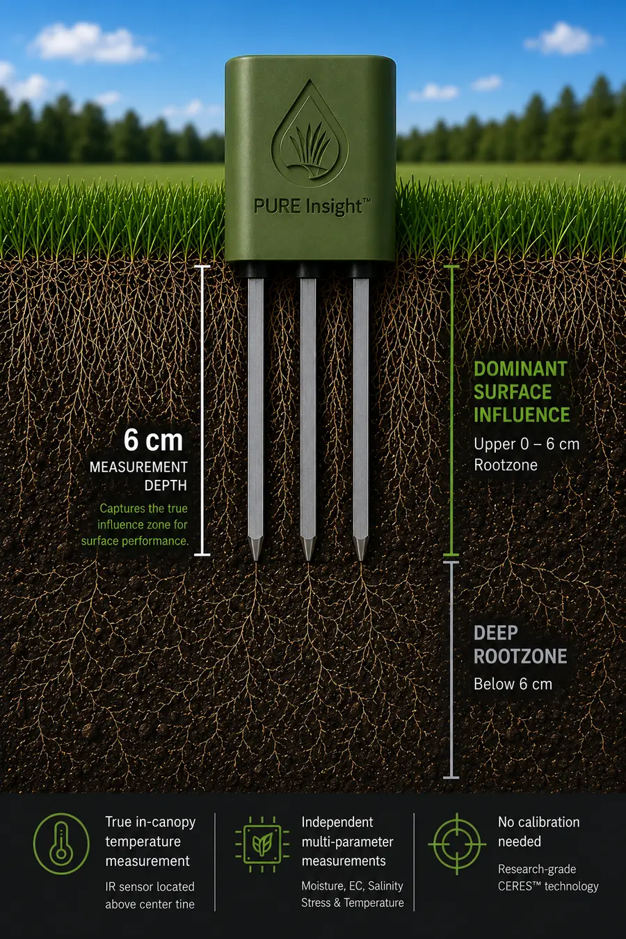 Cross-section illustration of a turf rootzone showing the Ceres sensor tines reaching 6 cm into the upper rootzone, with the dominant surface influence zone marked above 6 cm and the deep rootzone below