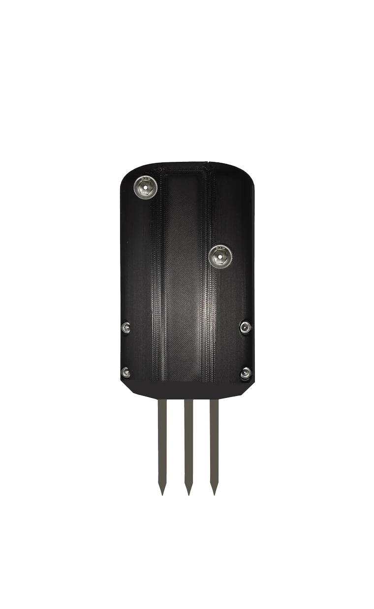 The Ceres sensor housing seen head-on, showing three stainless steel tines below a sealed black body