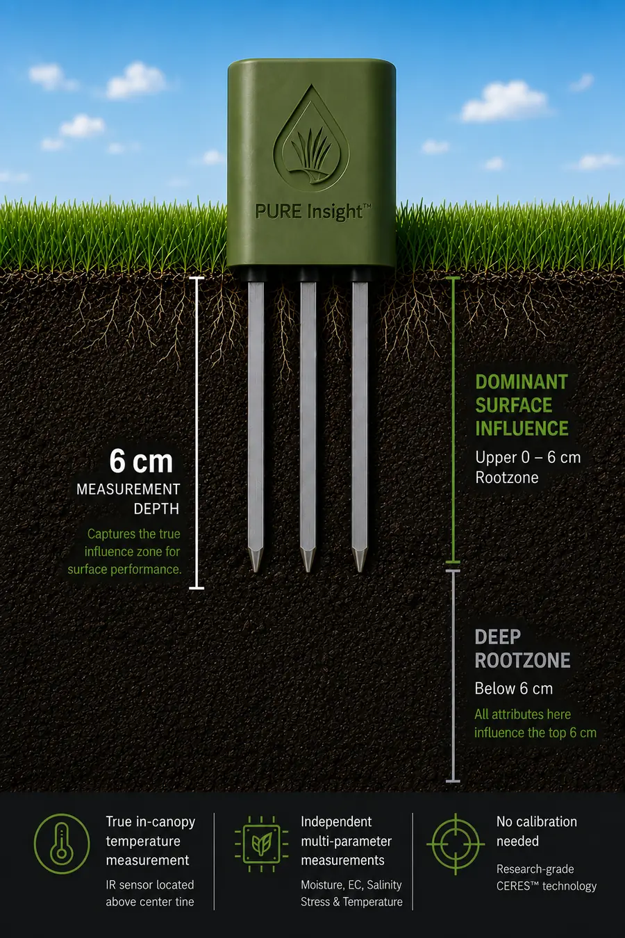 Cross-section illustration comparing a shallow-rooted turf profile with the Ceres sensor tines inserted to 6 cm, marking the dominant surface influence zone above 6 cm and the deep rootzone below