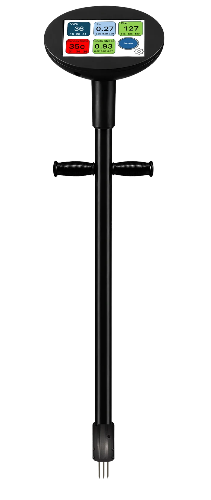 A TOMi instrument shown upright, its colour touchscreen displaying four live readings: moisture, EC, salinity stress and canopy temperature