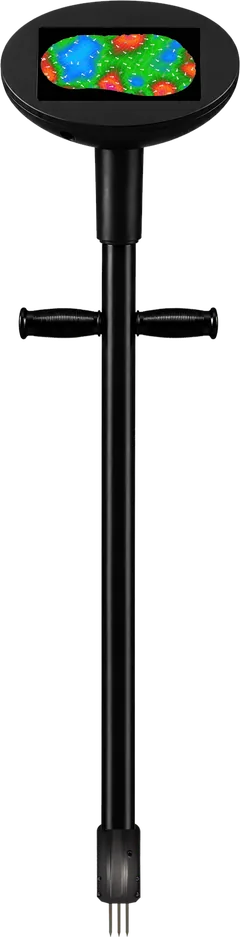 The TOMi instrument standing upright, its screen showing a putting-green analysis map with the slope overlay